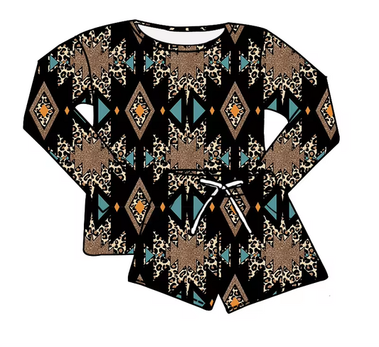 custom style Western Aztec leopard black long sleeve shorts kids set