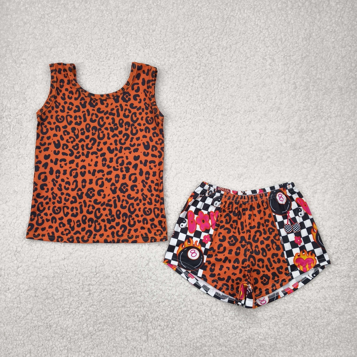 GSSO2391 brown leopard sleeveless checkered shorts girls set