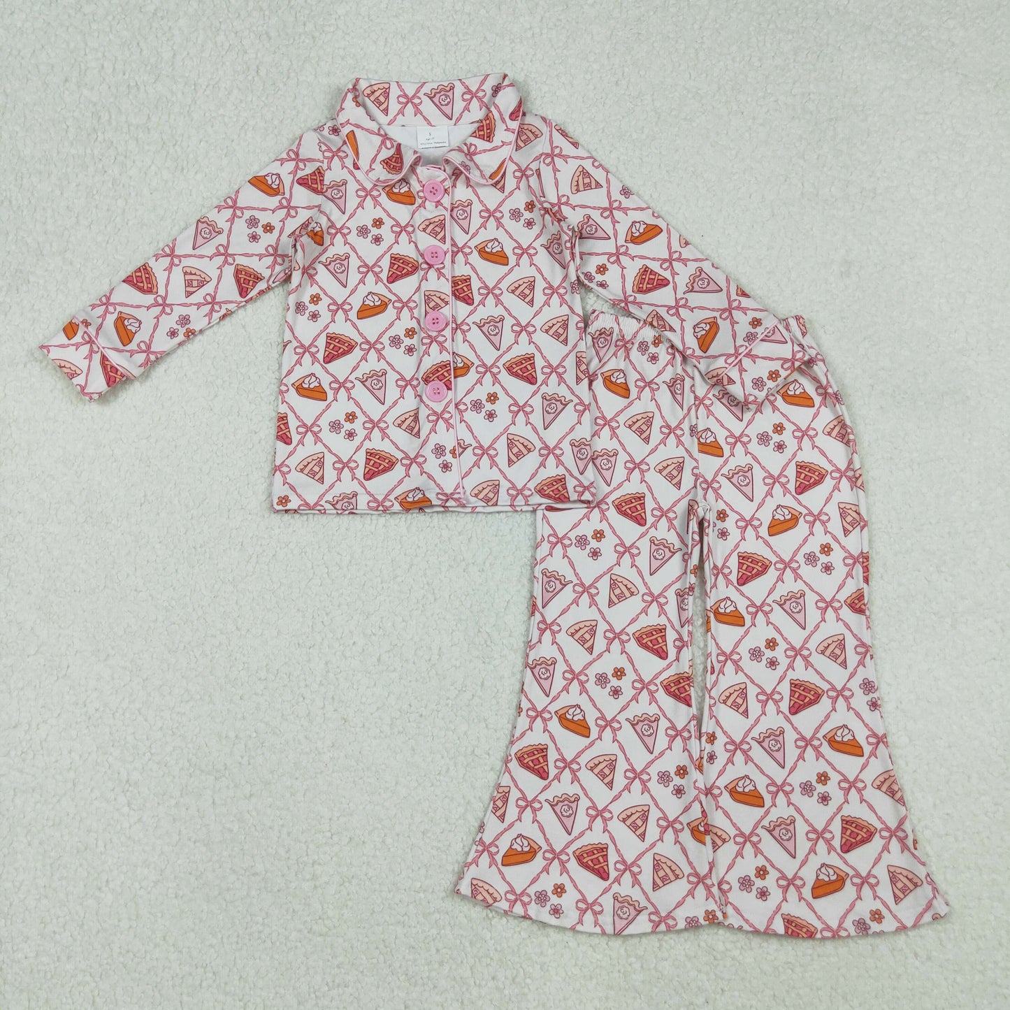 GLP2738 Thanksgiving pie bows flowers pink long sleeve pants girls pajamas