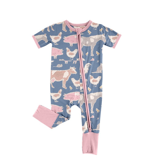 preorder Farm Chick Cow Pig Blue Short Sleeve Zipper Girls Romper