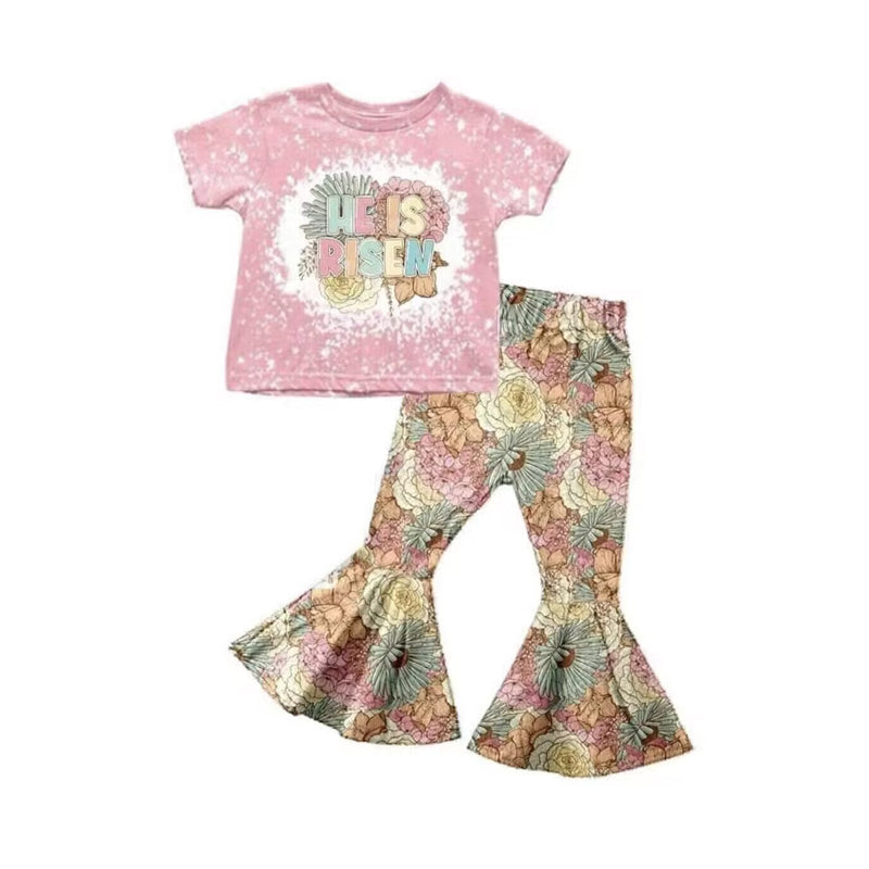 custom S he is risen flowers pink short sleeve pants girls set (tat 6-7 weeks)