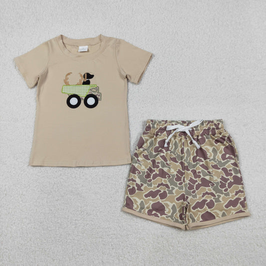 Embroidery BSSO1576 hunting truck deer dog short sleeve camo shorts boys set