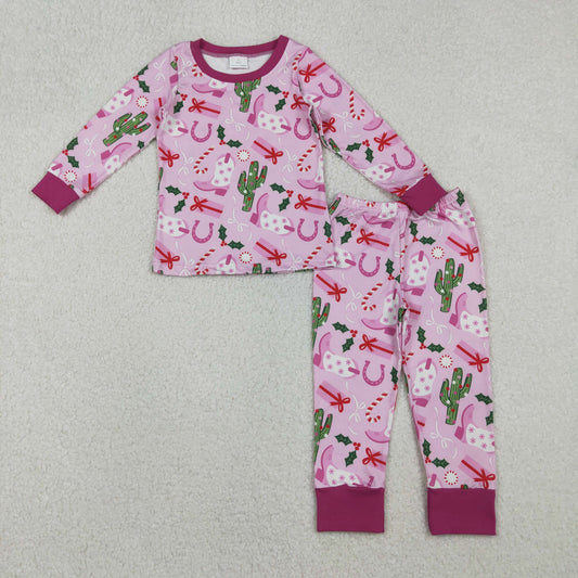 GLP1783 Christmas Western boot cactus holly berry hot pink long sleeve pants girls pajamas