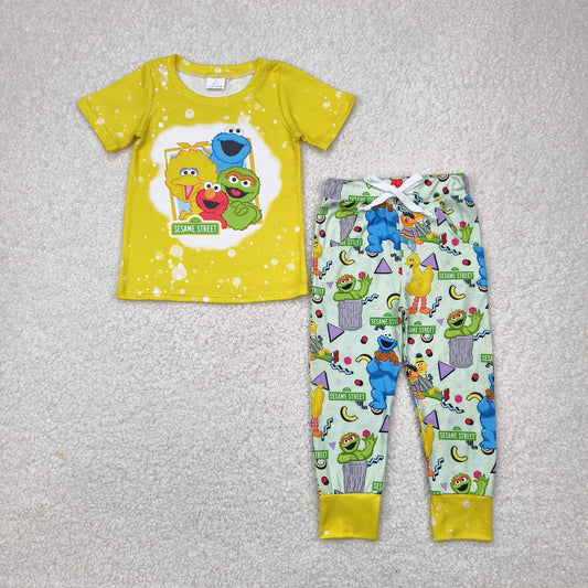BSPO0314 Cartoon Cute Baby Yellow Short Sleeve Green Pants Boys Set