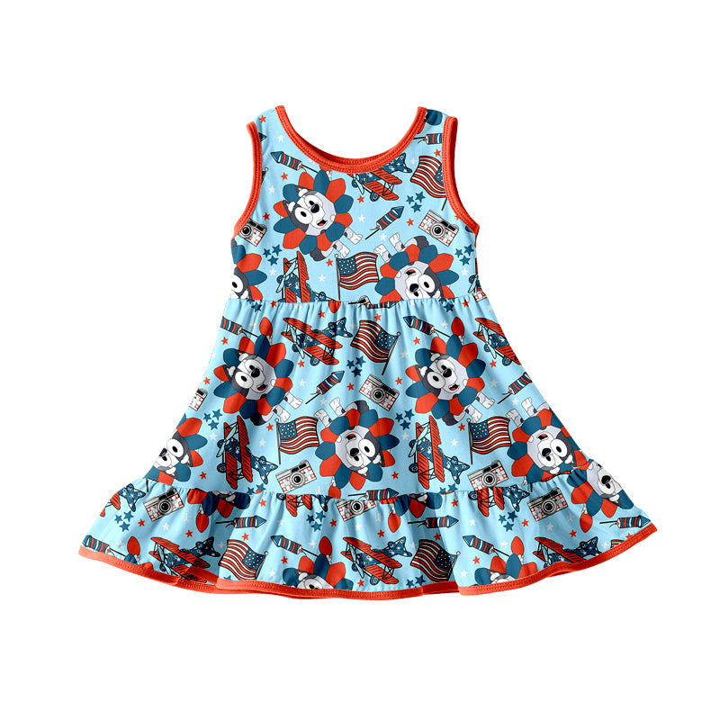 custom Moq 3 July 4th Cartoon Dog Flag Blue Sleeveless Girls Dress