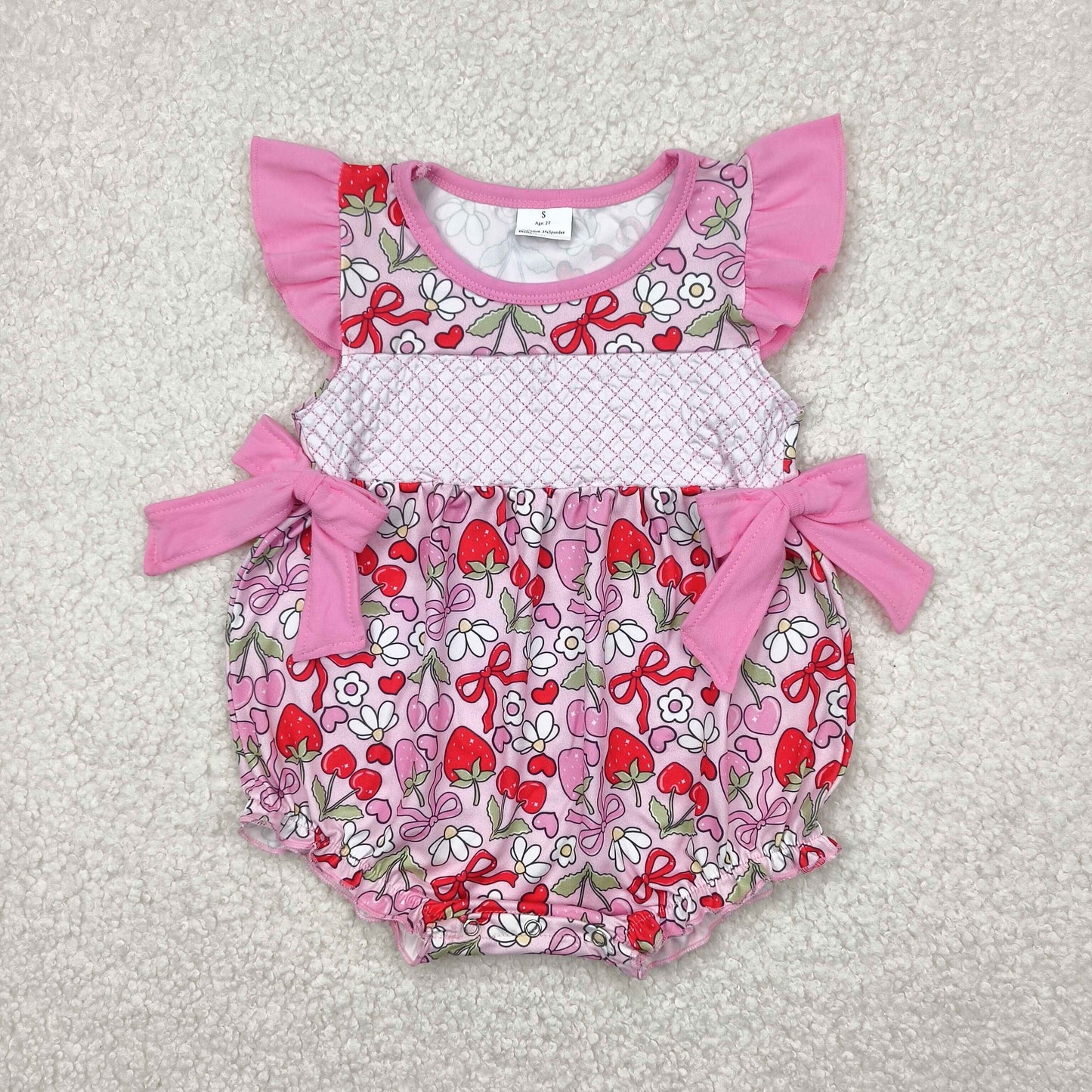 embroidedry SR2953 cute strawberry cherry pink bows flutter sleeve girls romper