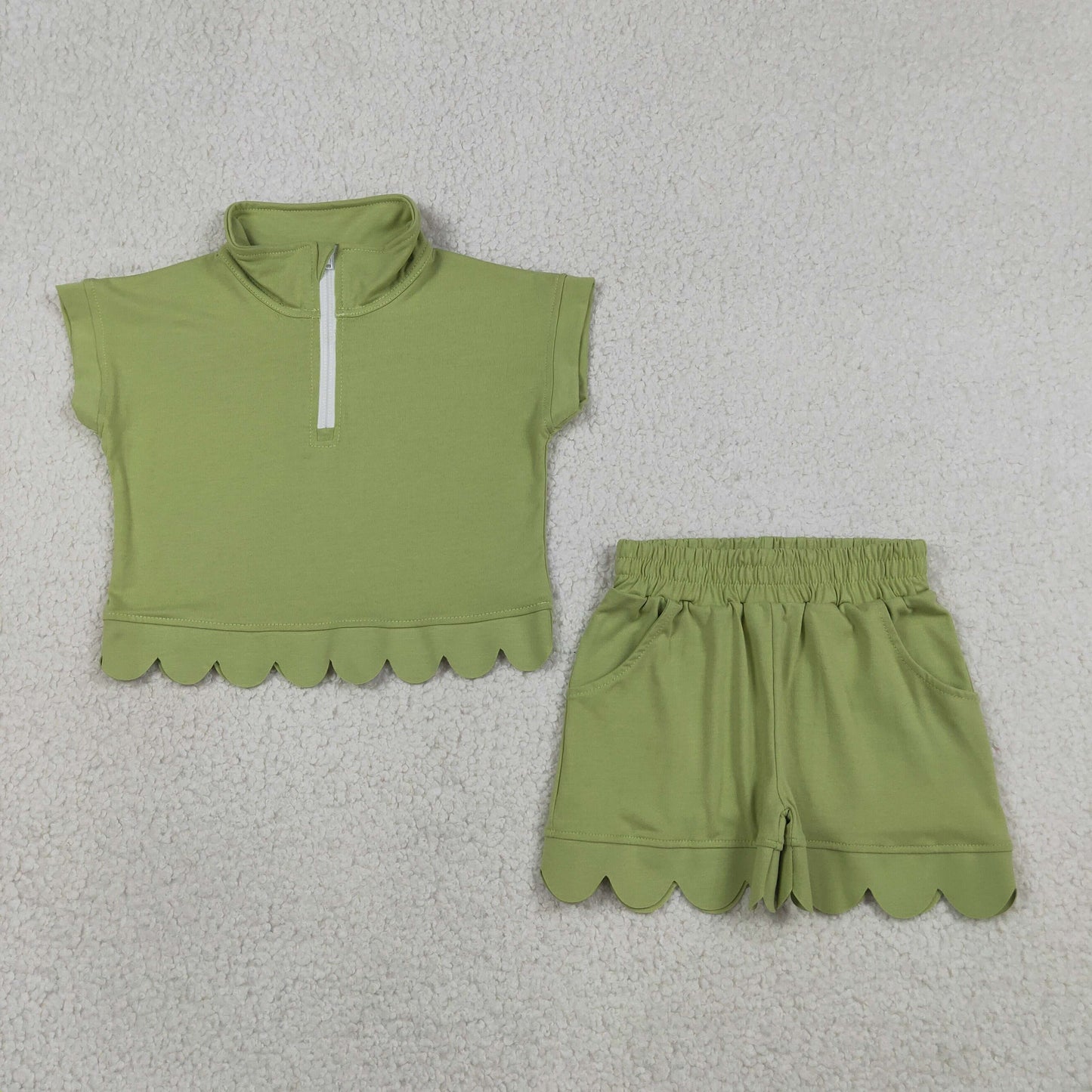 GSSO3375 Scallop Green Zipper Short Sleeve Shorts Girls Set