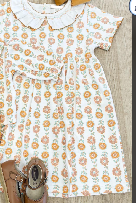 custom orange flowers short sleeve girls dress
