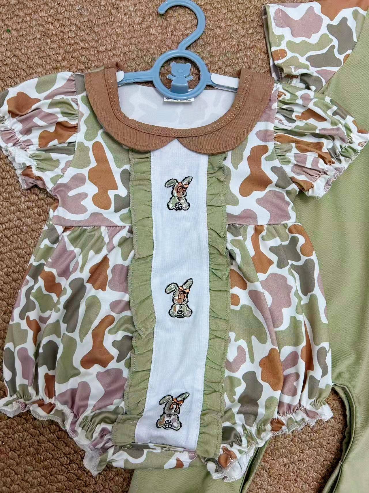Embroidery Easter Camo Bunny Rabbit Rompers Sibling Clothes RTS