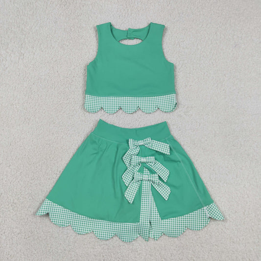 GSD3320 Yoga Scallop Solid Color Pink Sleeveless Bows Skorts Girls Set