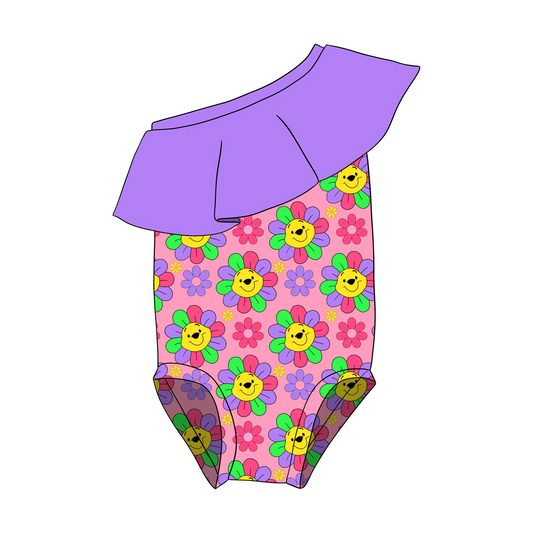 custom cartoon bear flowers pink purple girls romper