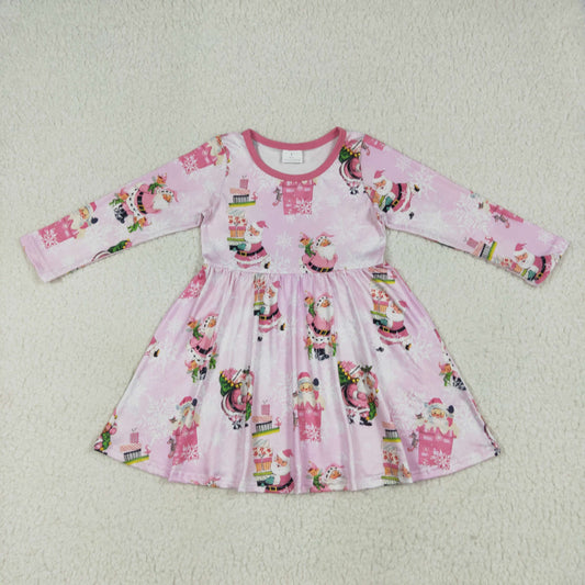 GLD0354 Christmas Santa Claus pink long sleeve girls dress