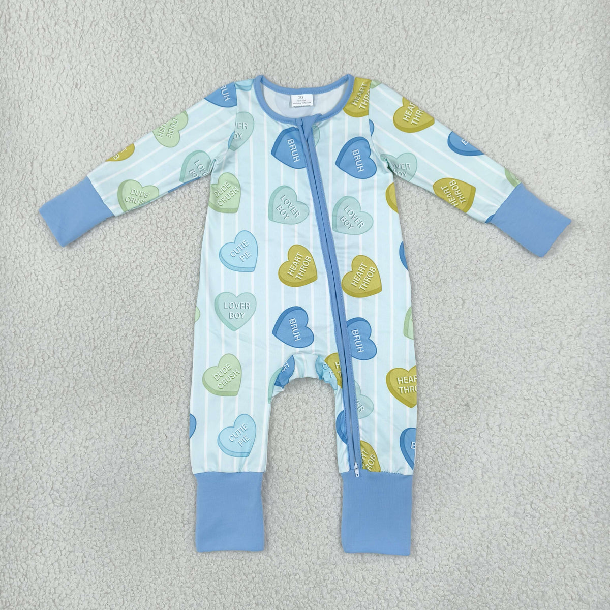 LR3326 Valentine's Day Heart Blue Striped Zipper Long Sleeve Girls Romper