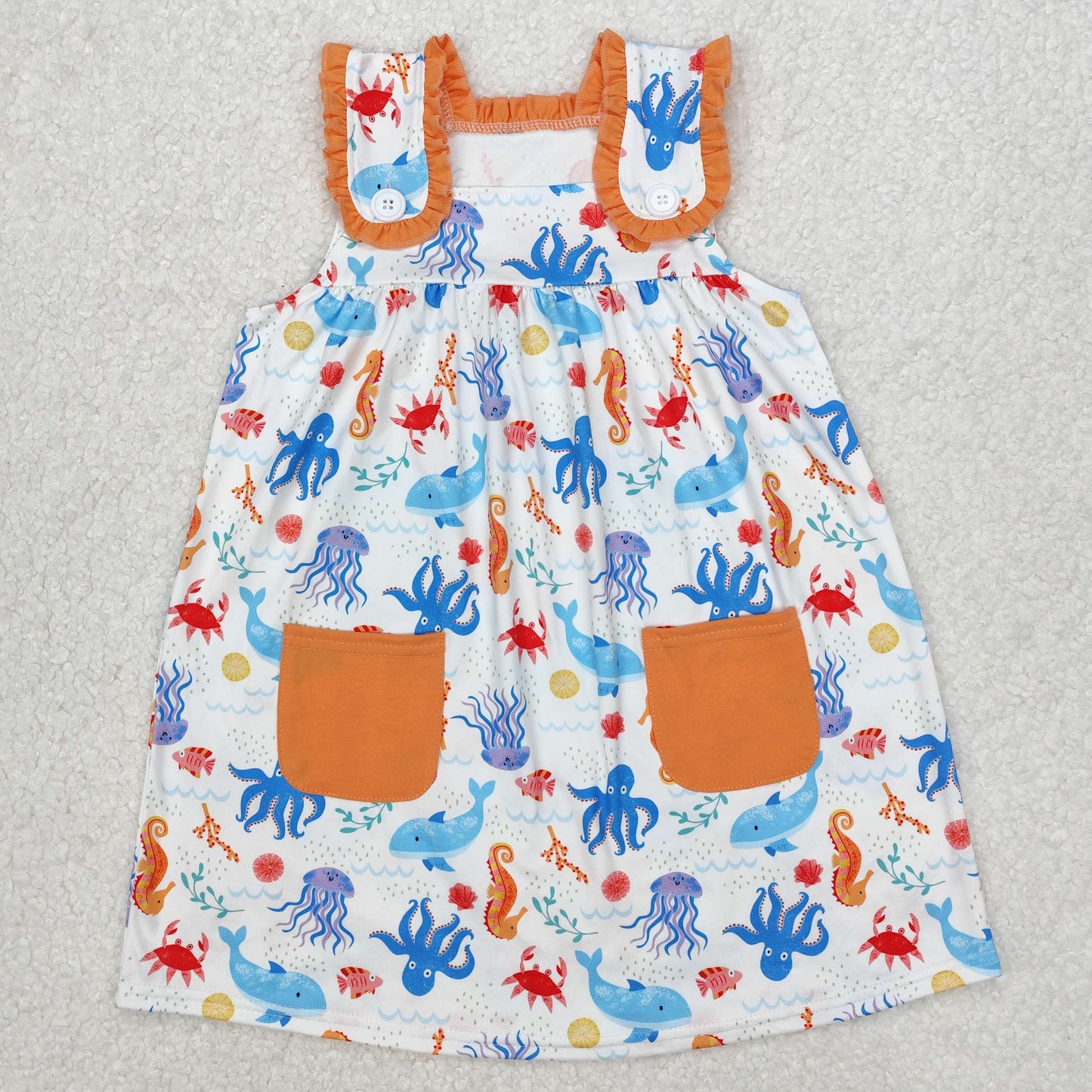 GSD1961 seahorse octopus orange pockets girls dress