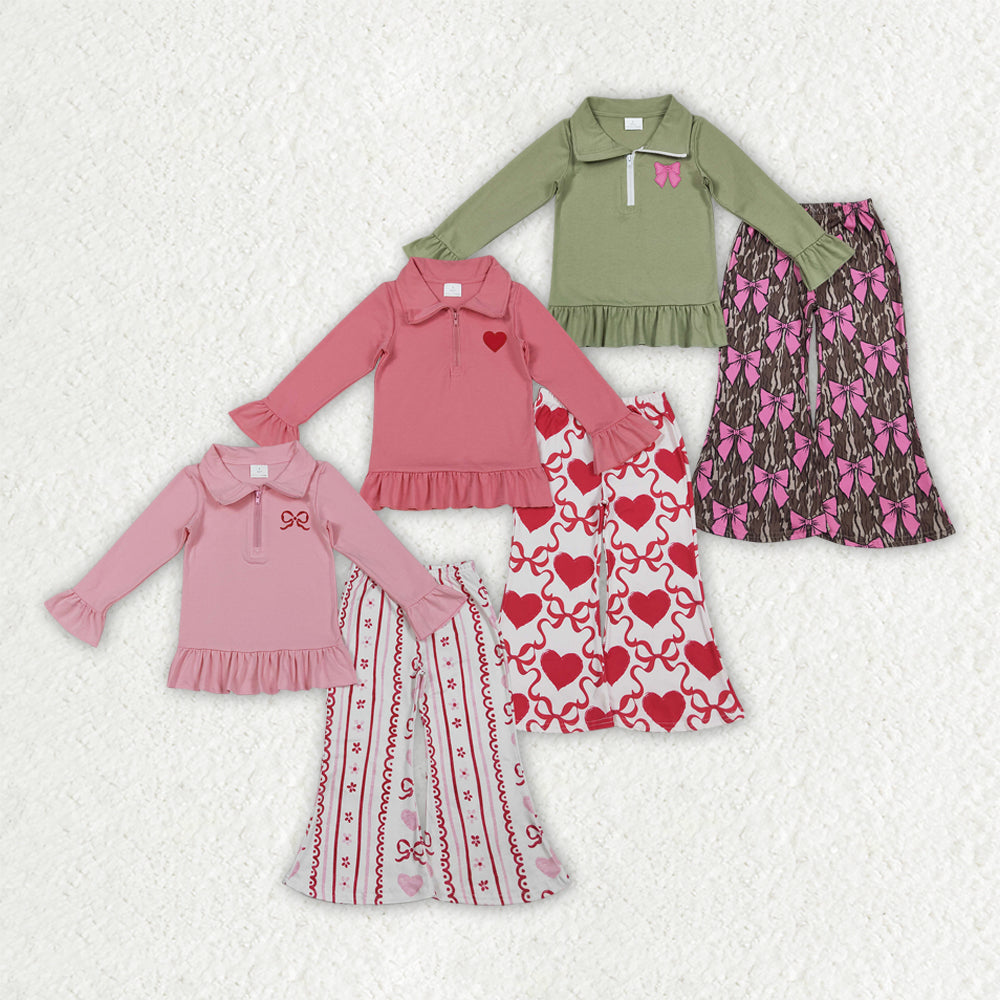Embroidery Heart Zipper Long Sleeve Pants Girls Set RTS Sibling Clothes