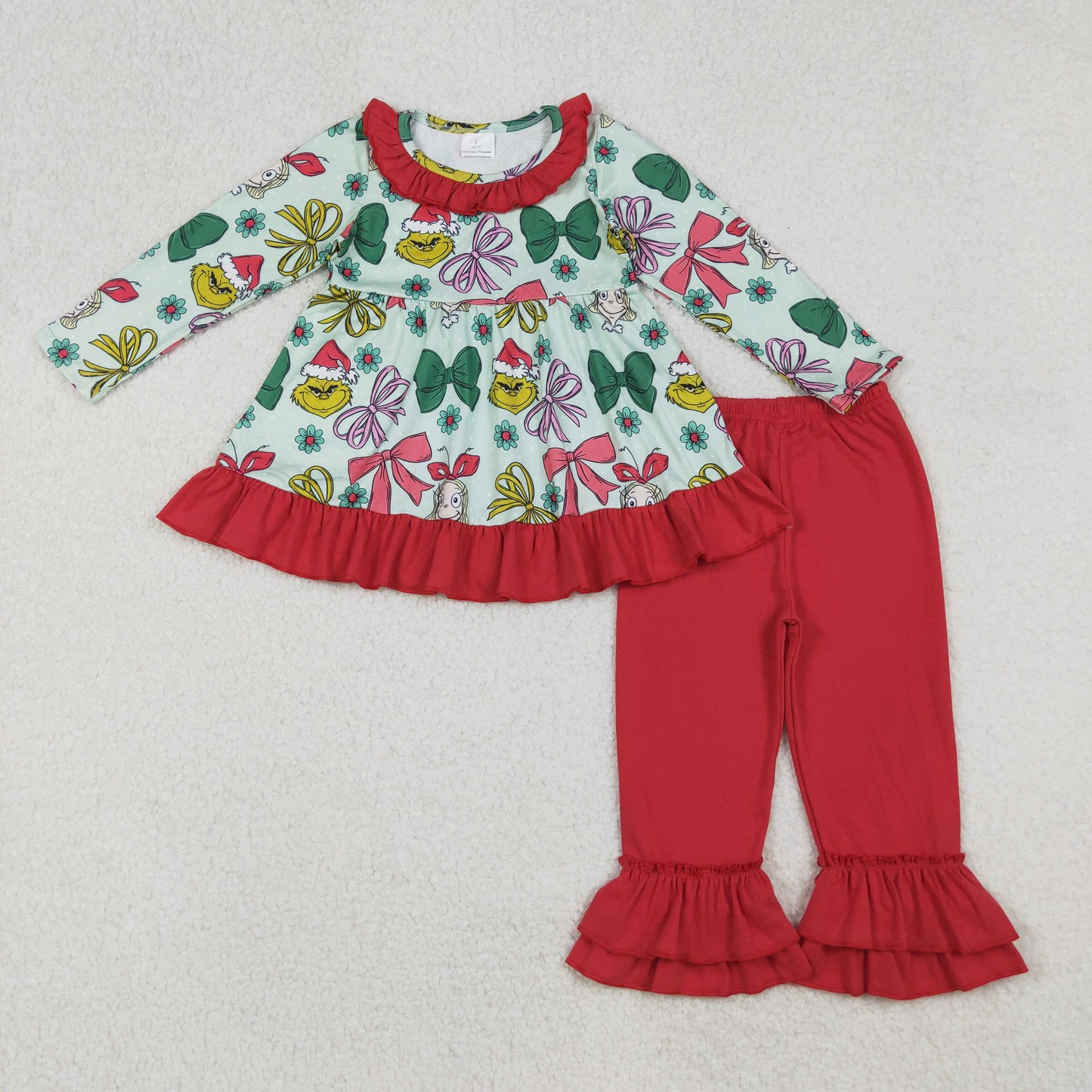 GLP2651 Christmas green face bows green long sleeve red pants girls set