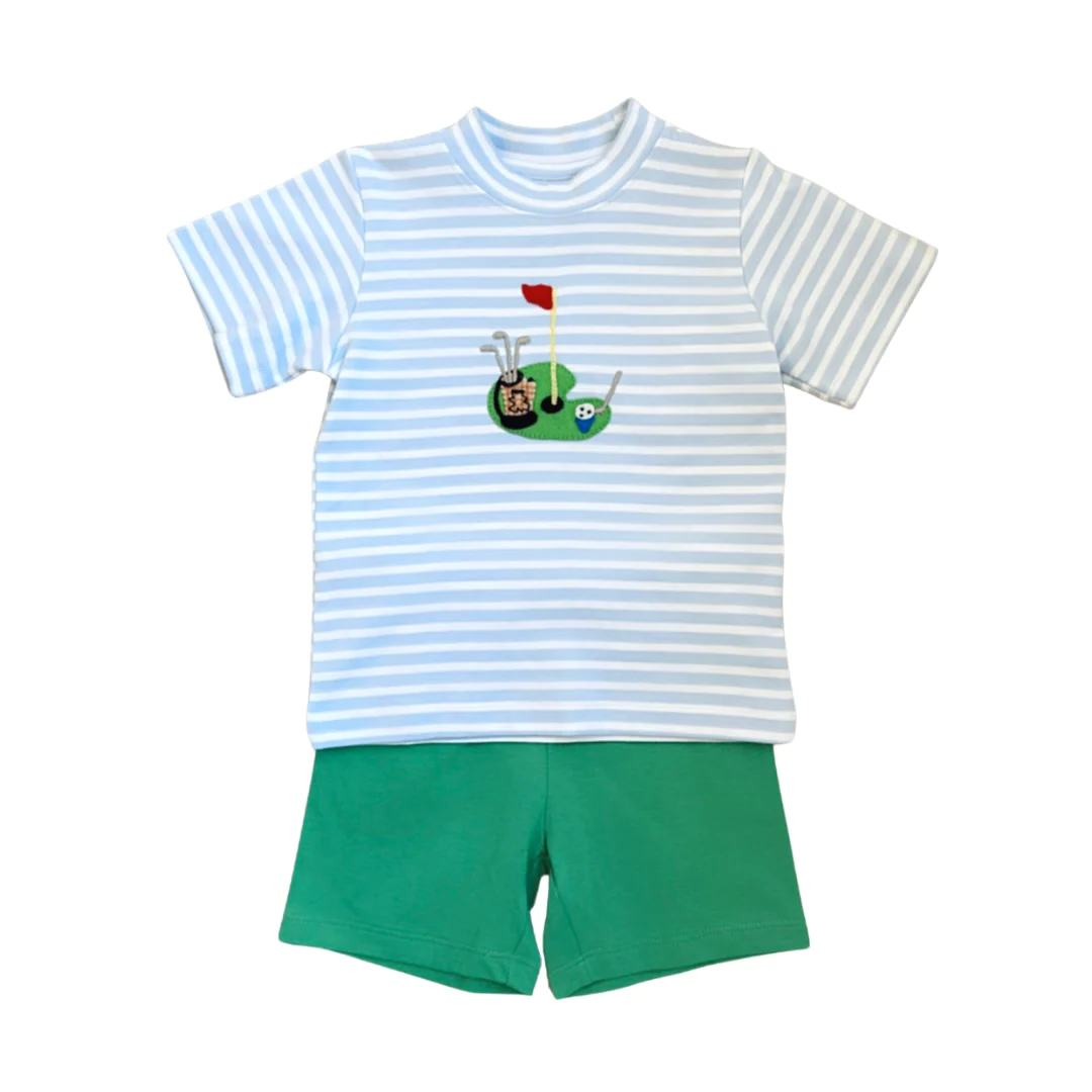 preorder BSSO0813 play golf blue striped short sleeve green shorts boys set
