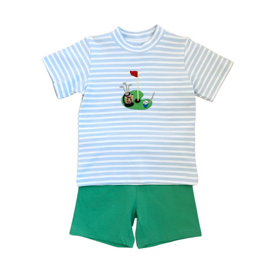 preorder BSSO0813 play golf blue striped short sleeve green shorts boys set