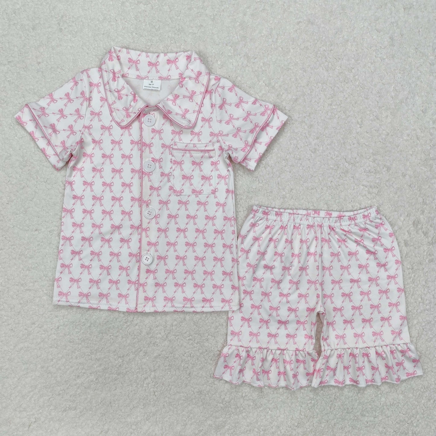 GSSO1820 Hot Pink Bows Pocket Short Sleeve Shorts Girls Bottons Pajamas