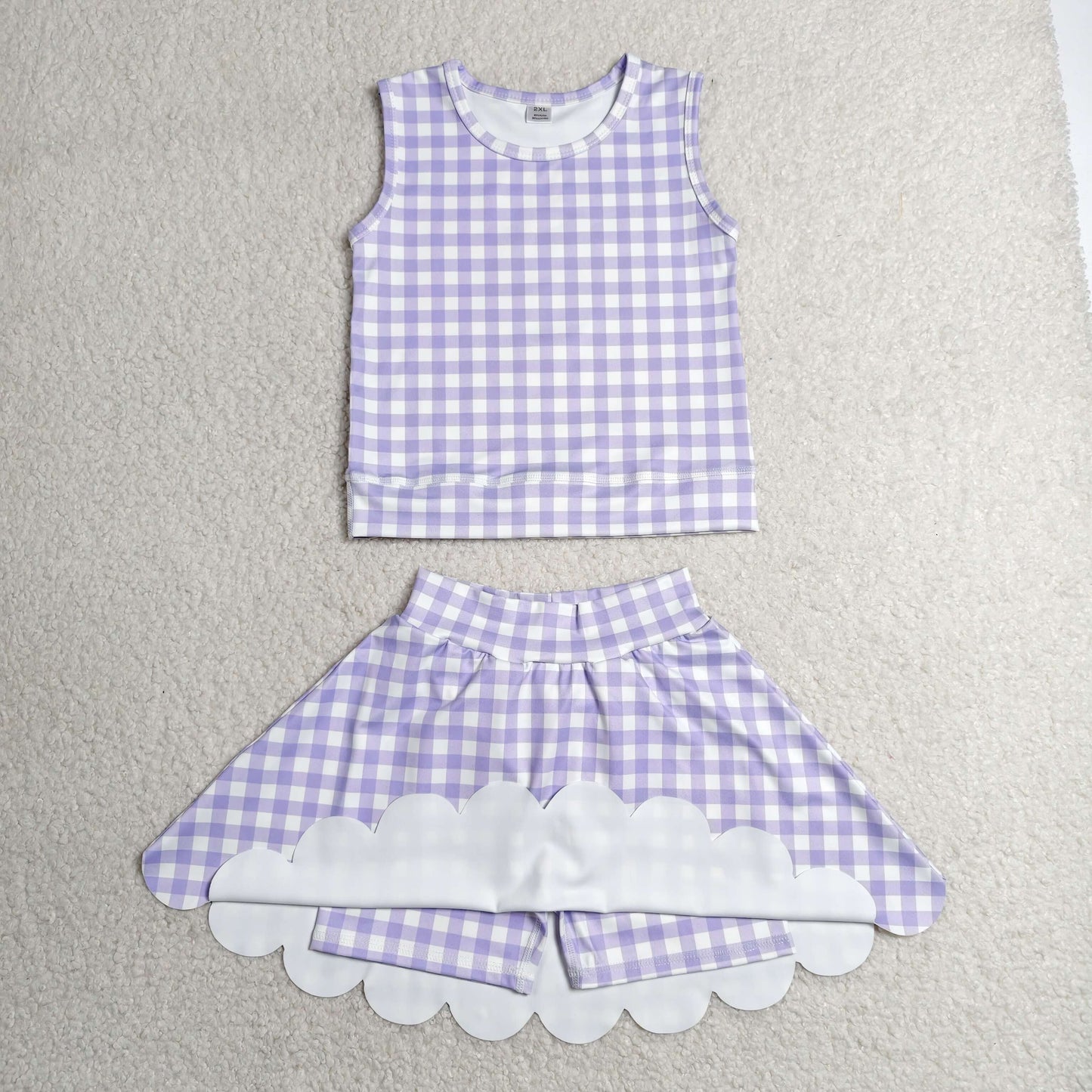 GSD4067 Yoga Scallop Purple Checkered Sleeveless Skorts Girls Set