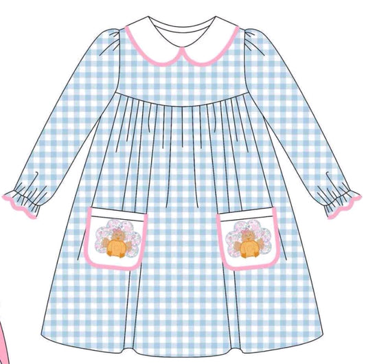 custom moq 3 turkey blue checkered pockets long sleeve girls dress
