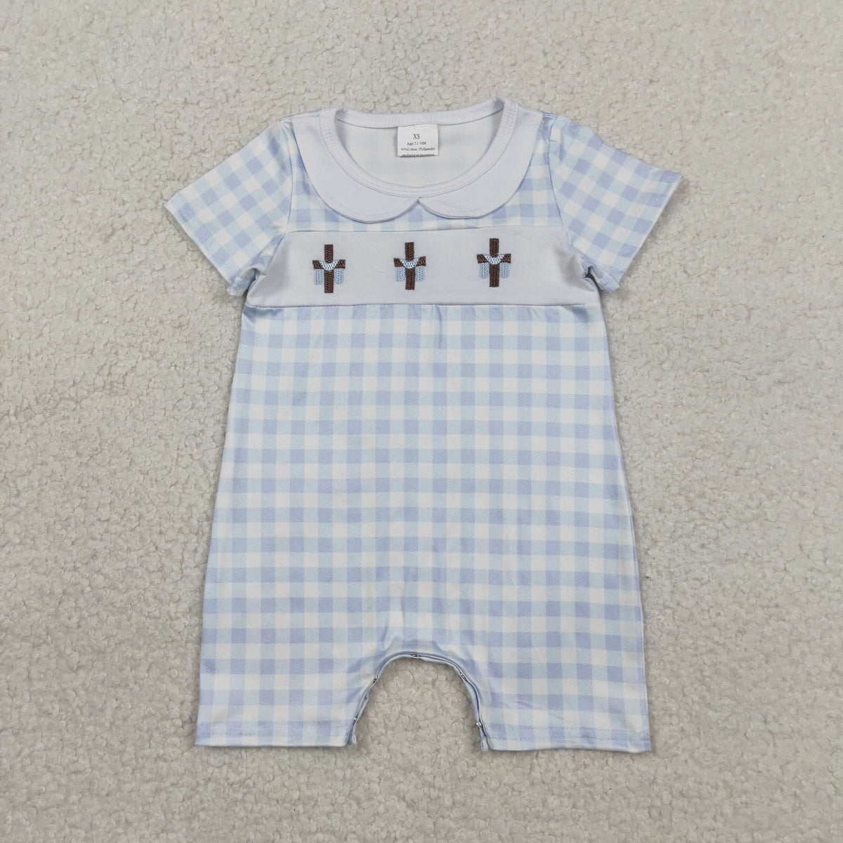 Embroidery SR3758 Easter Cross Blue Checkered Short Sleeve Boys Romper
