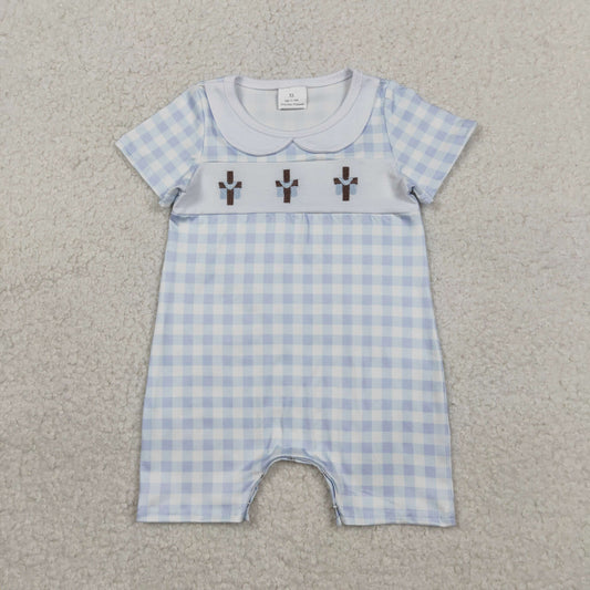 Embroidery SR3758 Easter Cross Blue Checkered Short Sleeve Boys Romper