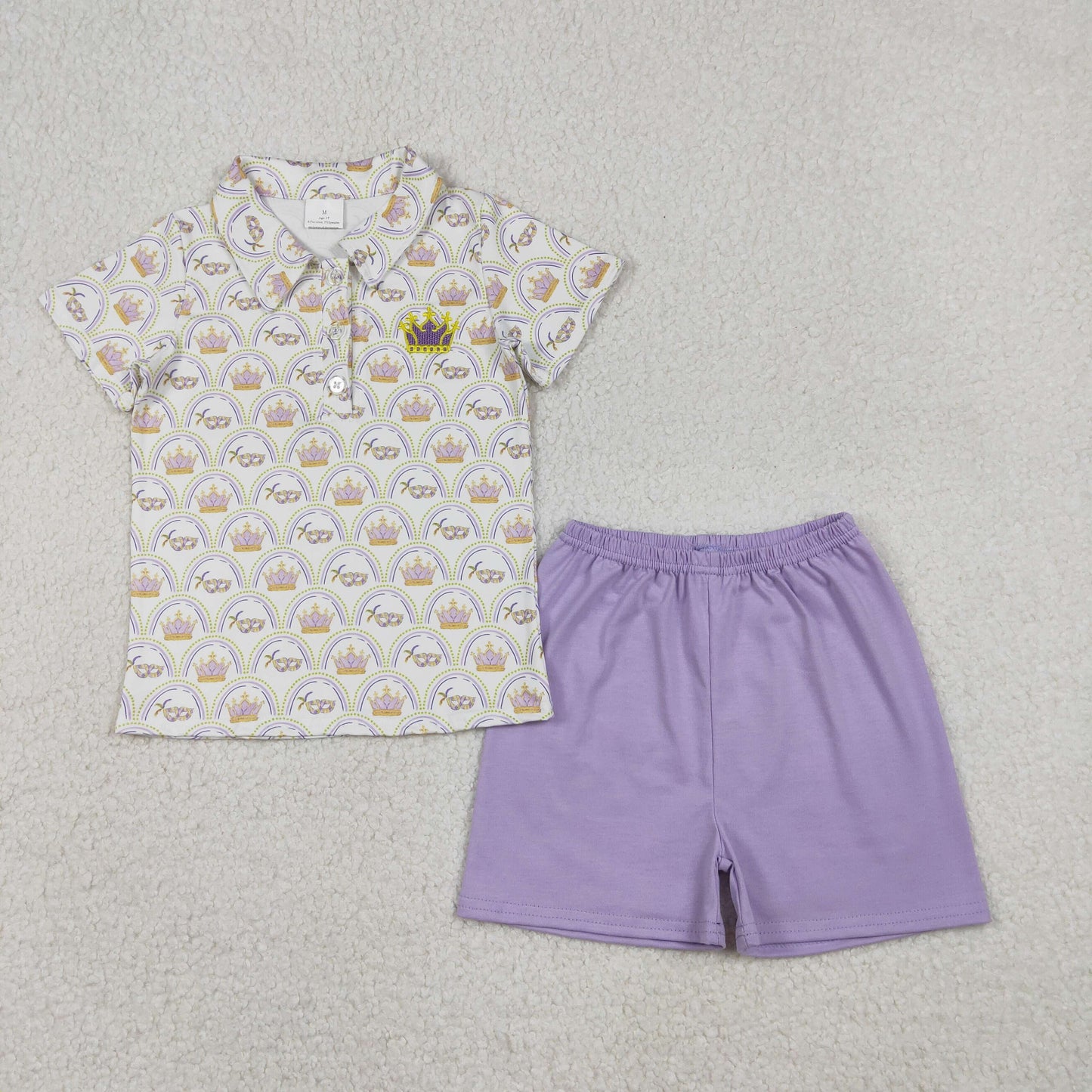 BSSO1565 Mardi Gras mask short sleeve purple shorts boys set