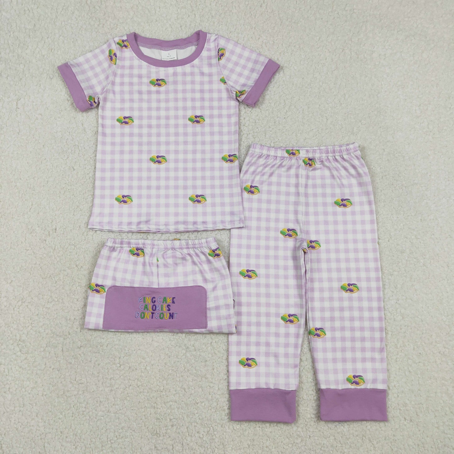 BSPO0630 Mardi Gras Dount Purple Checkered Short Sleeve Pants Boys Pajamas