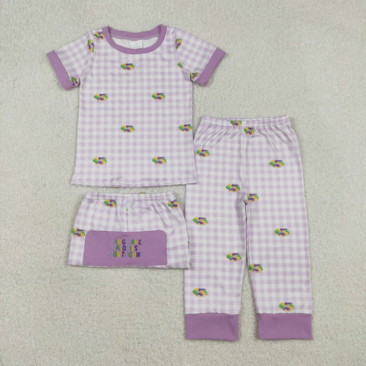BSPO0630 Mardi Gras Dount Purple Checkered Short Sleeve Pants Boys Pajamas