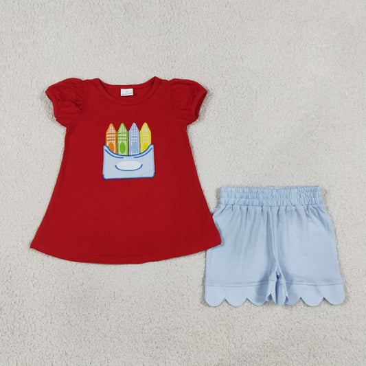Embroidery GSSO3727 Back To School Pen Red Short Sleeve Blue Shorts Girls Set