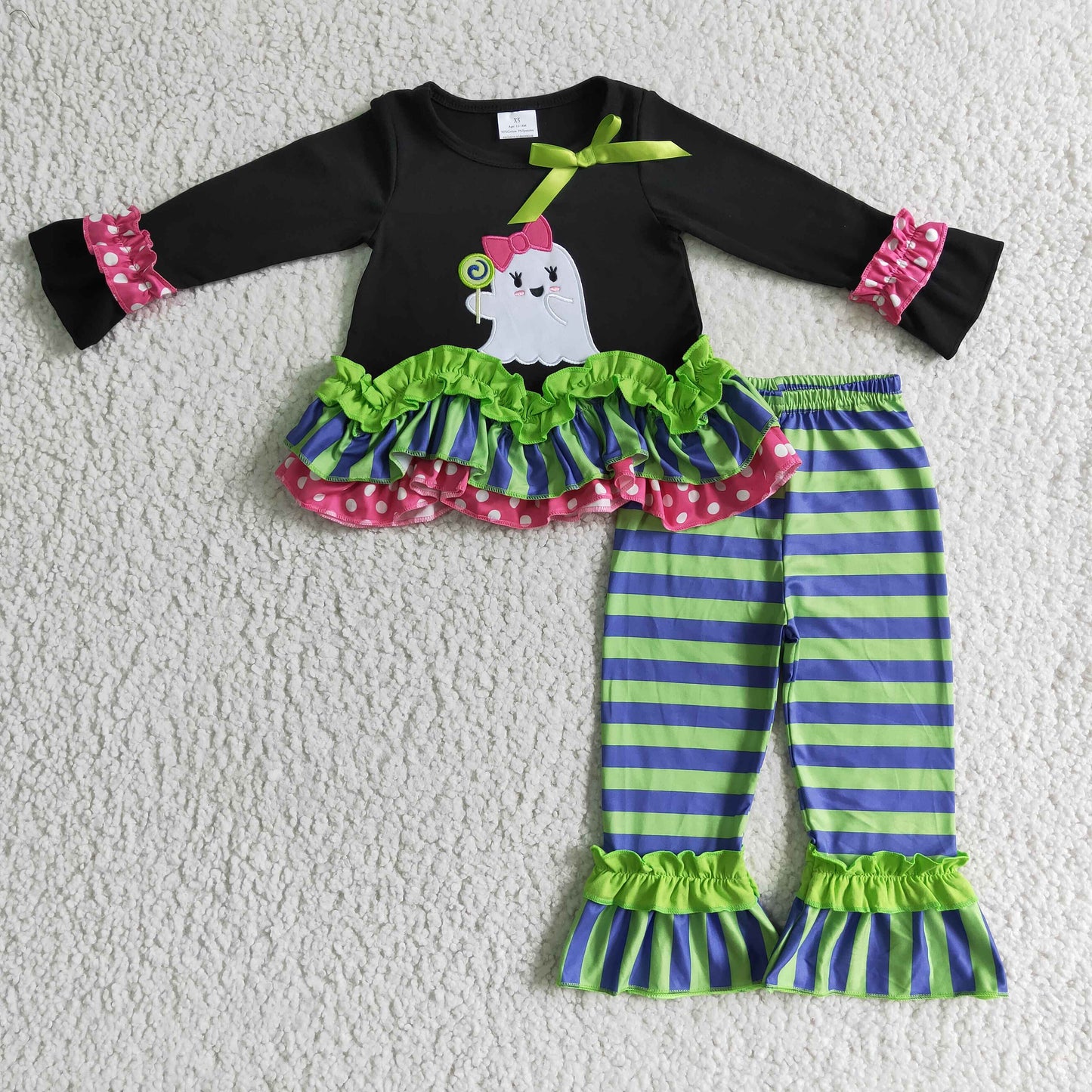 embroidery Halloween spooky ruffles romper/pajamas RTS Sibling Clothes
