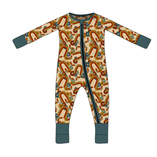 custom cute colorful flowers rainbow long sleeve zipper boys romper