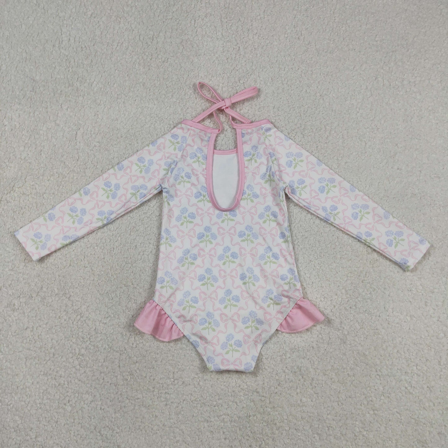 S0655 Flowers Bows Pink Long Sleeve Girls Swimsuits