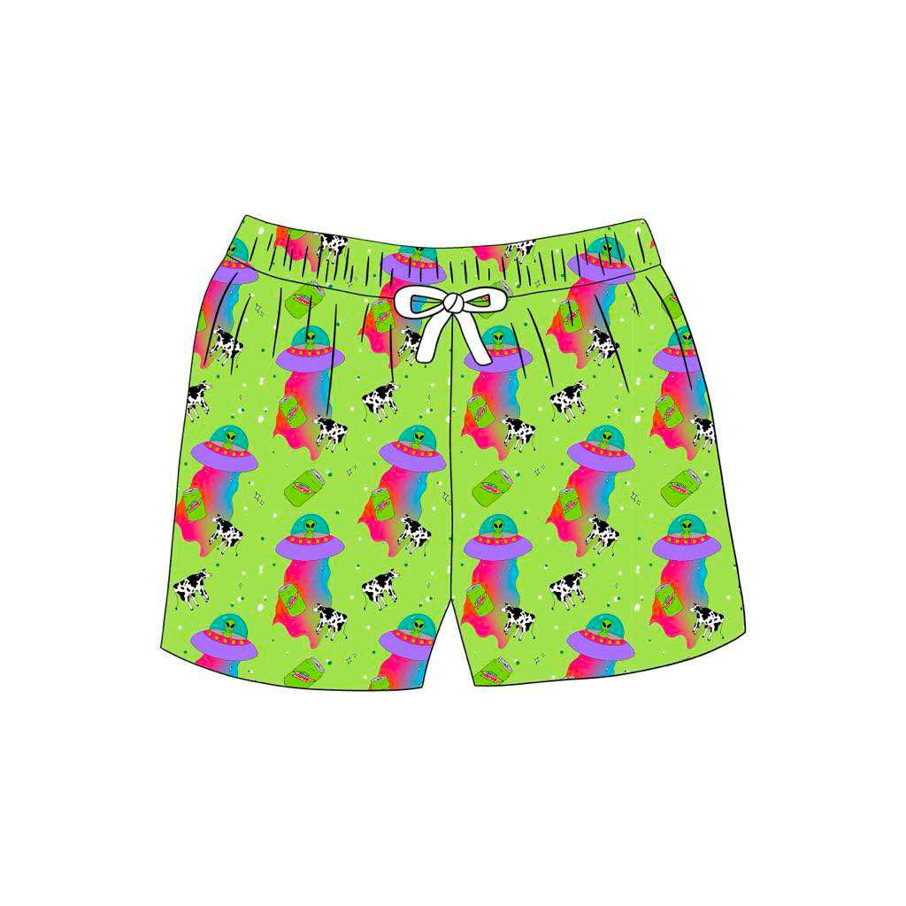 custom UFO cow green Boys Swimming Trunk