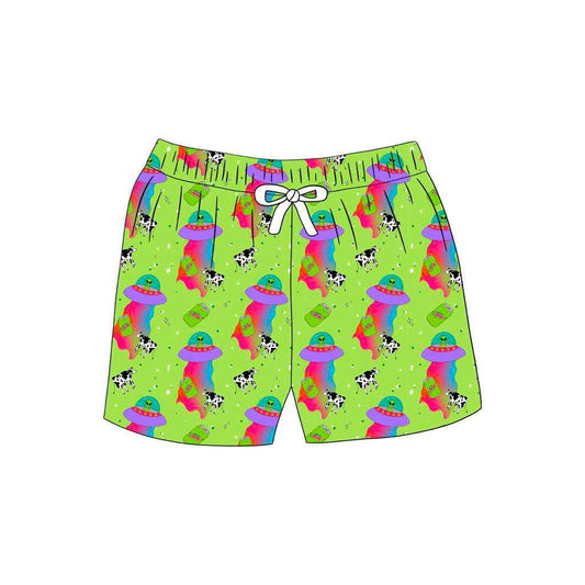 custom UFO cow green Boys Swimming Trunk