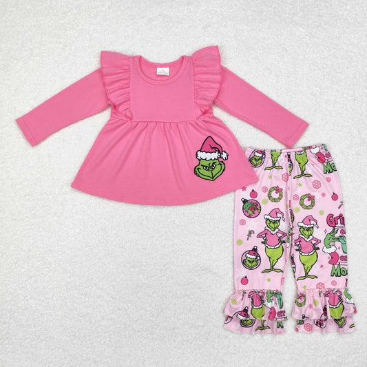 GLP1453 Christmas green face pink long sleeve pants girls set