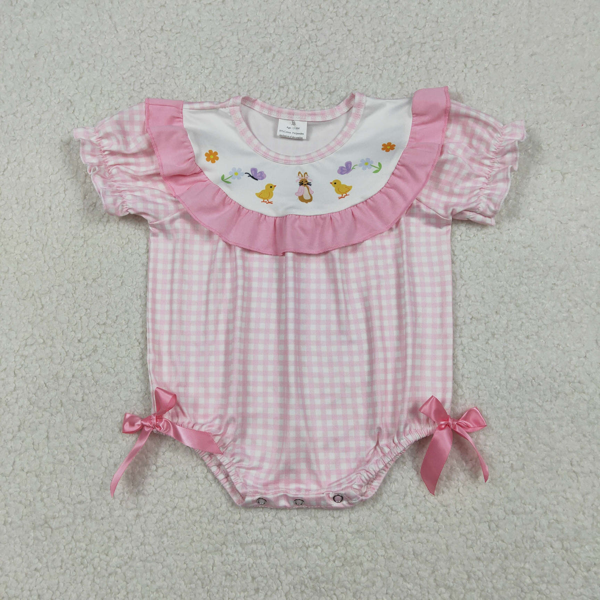 SR3565 Easter Bunny Rabbit Chick Pink Checkered Short Sleeve Girls Romper