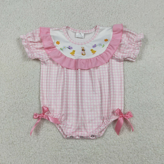 SR3565 Easter Bunny Rabbit Chick Pink Checkered Short Sleeve Girls Romper