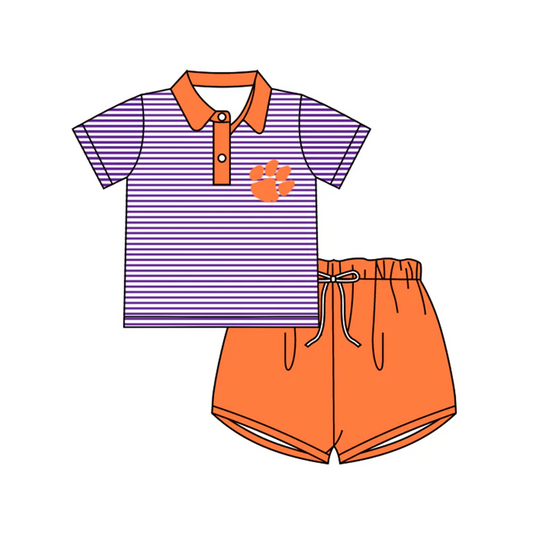 custom S football Clemson purple striped short sleeve orange shorts boys set