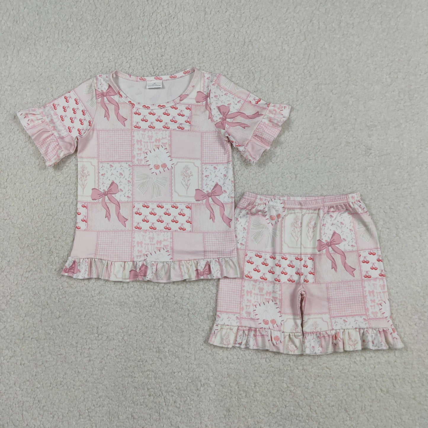 GSSO3321 Pink Bows Cherry Short Sleeve Shorts Girls Set