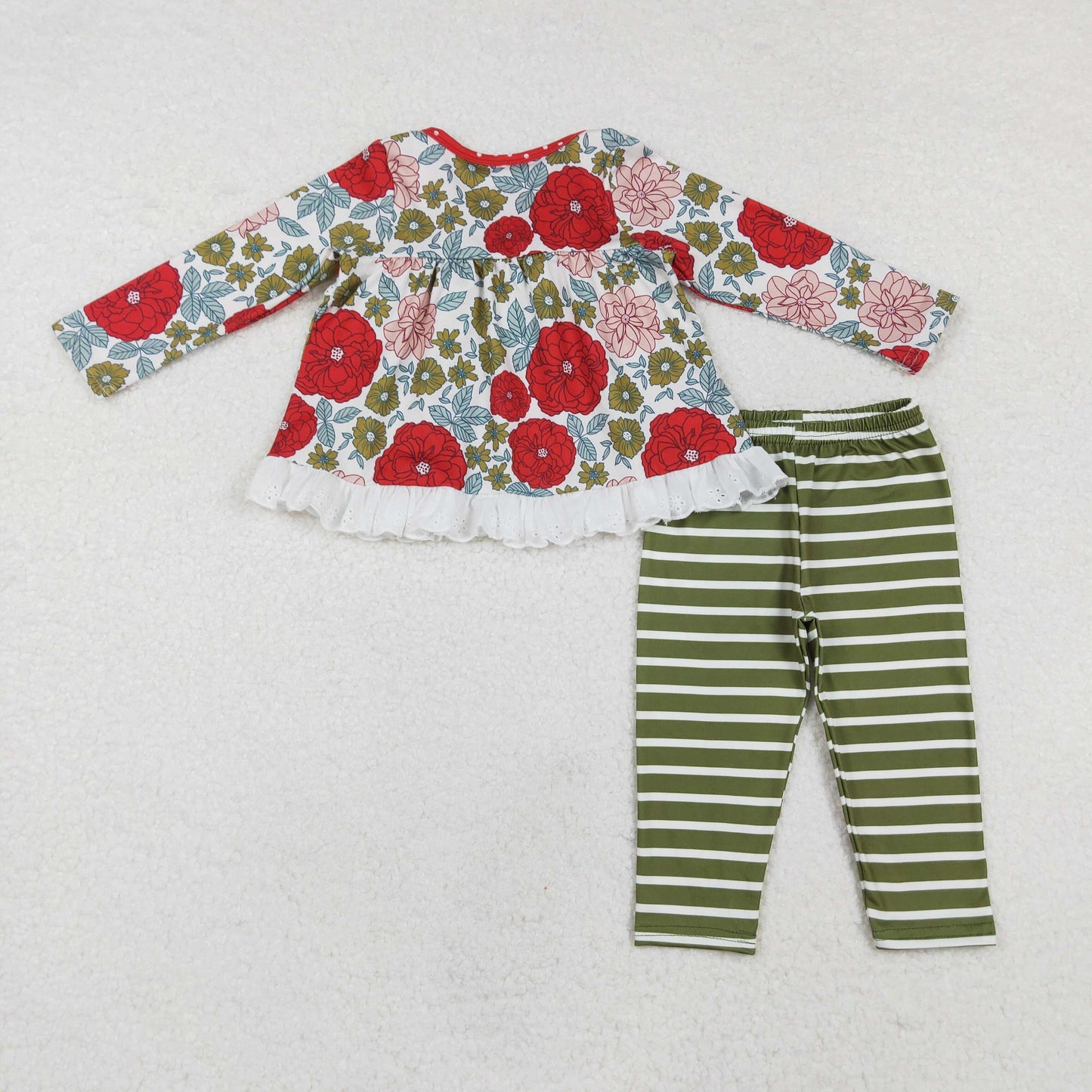 GLP2099 colorful flowers long sleeve green striped pants girls set
