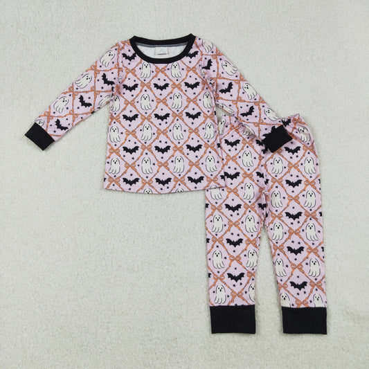 GLP2639 Halloween spooky bat bows pink orange long sleeve pants girls pajamas