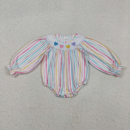 Embroidery LR2695 Valentine's Day colorful heart striped long sleeve girls romper