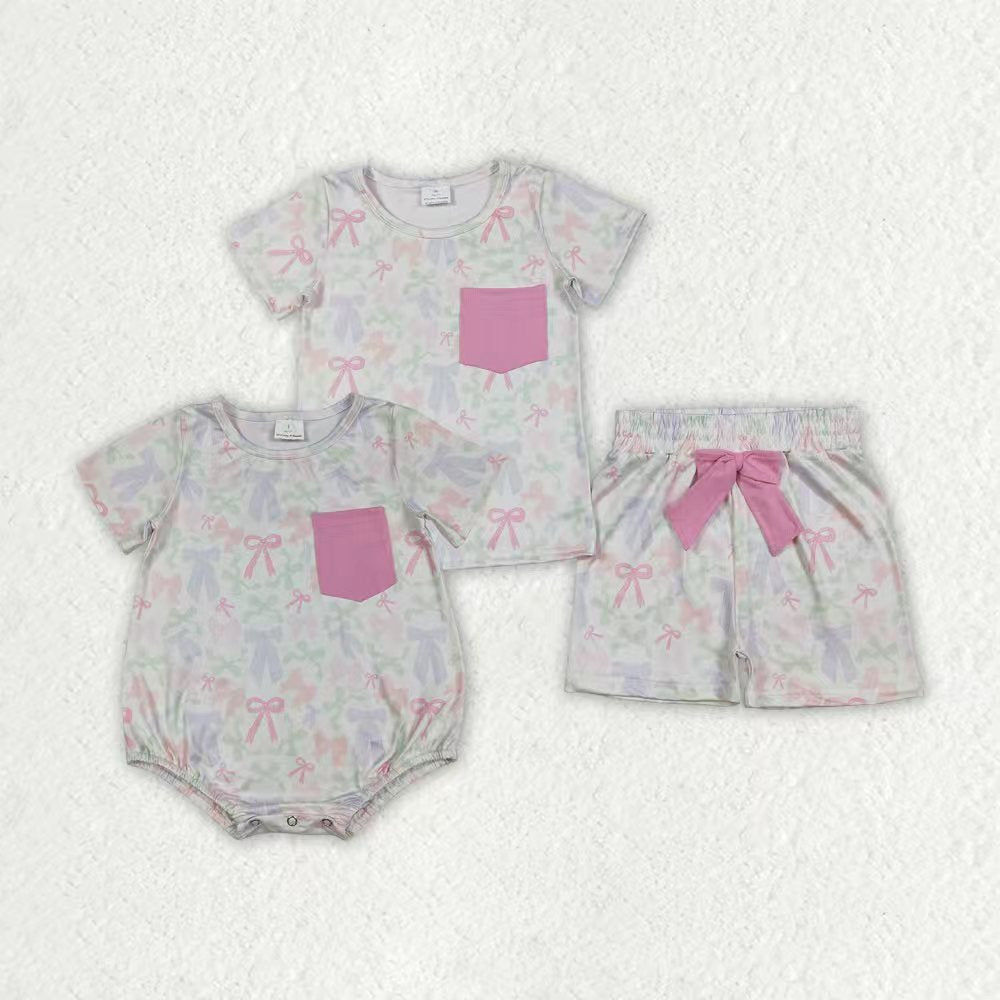 Colorful Bows Pocket Girls Set/Romper Sibling Clothes RTS