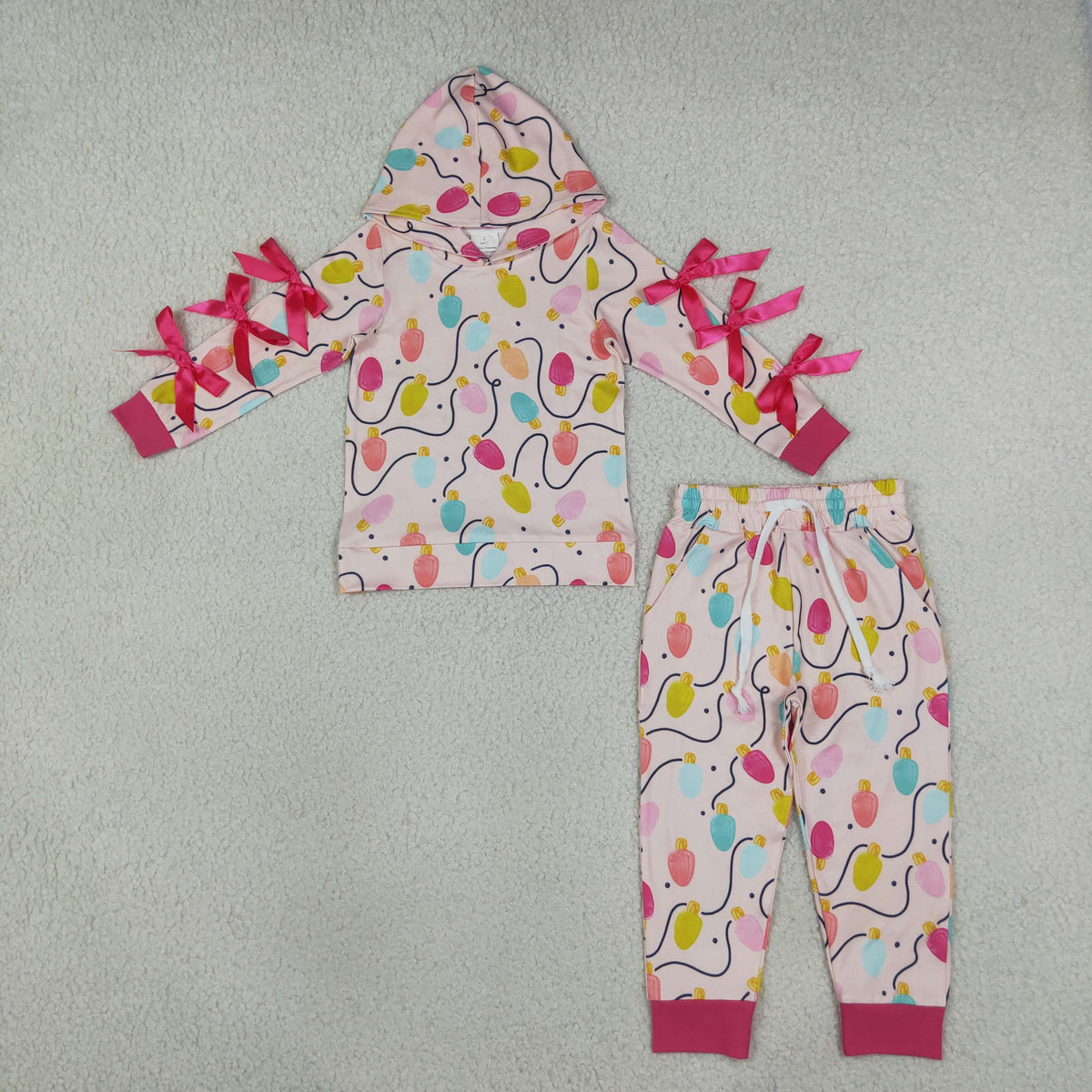 GLP3613 Christmas Bows Light Hoodie Long Sleeve Pants Girls Set