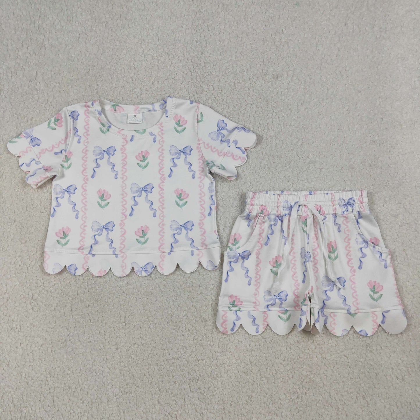 GSSO3272 Scallop Bows Flowers Short Sleeve Shorts Girls Set