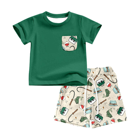 preorder BSSO0537 Fishing Box Green Pocket Short Sleeve Shorts Boys Summer Set