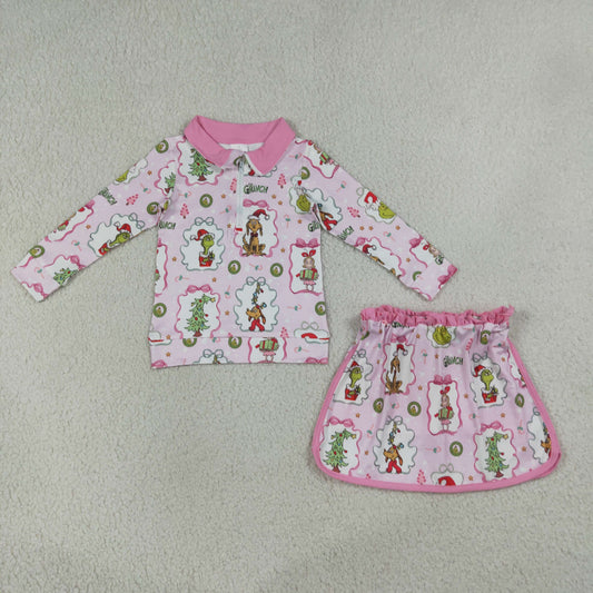 GLD1609 Christmas Green Face Pink Zipper Long Sleeve Skorts Girls Set