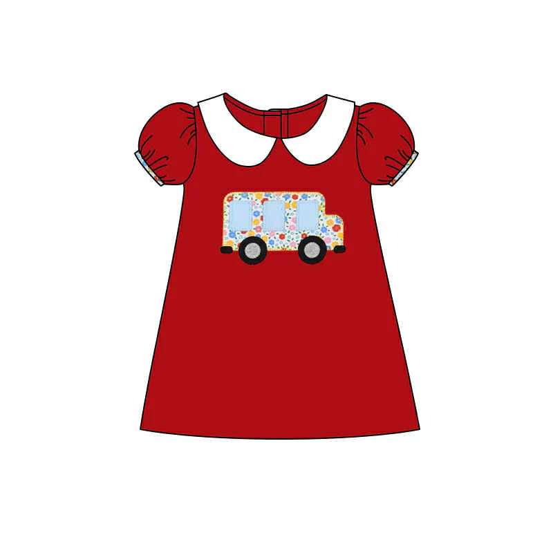 custom back to school flowers bus red short sleeve girls dress